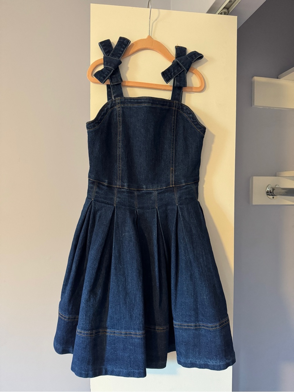 Girls Habitual Dark Blue Denim Pinafore Dress with Bow Straps